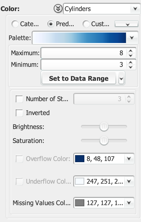 The color pane expanded with a predefined colormap